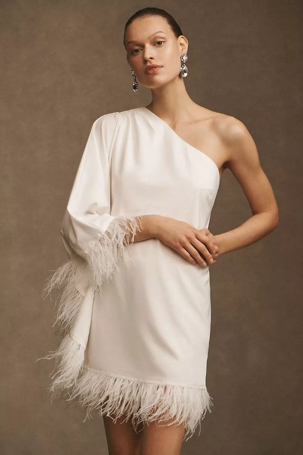 Hutch Davis One-Shoulder Faux Feather Mini Dress