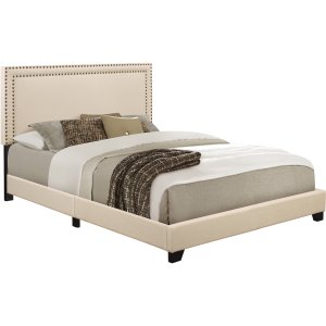 Home Meridian Cream Upholstered Queen Bed with Nail Head Trim