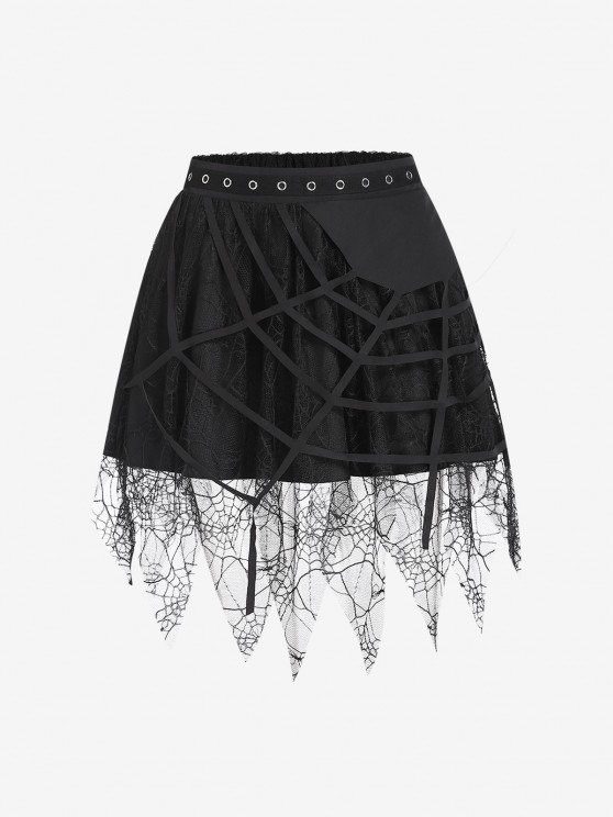 Halloween Spider Web Lace Sharkbite Hem Skirt BLACK