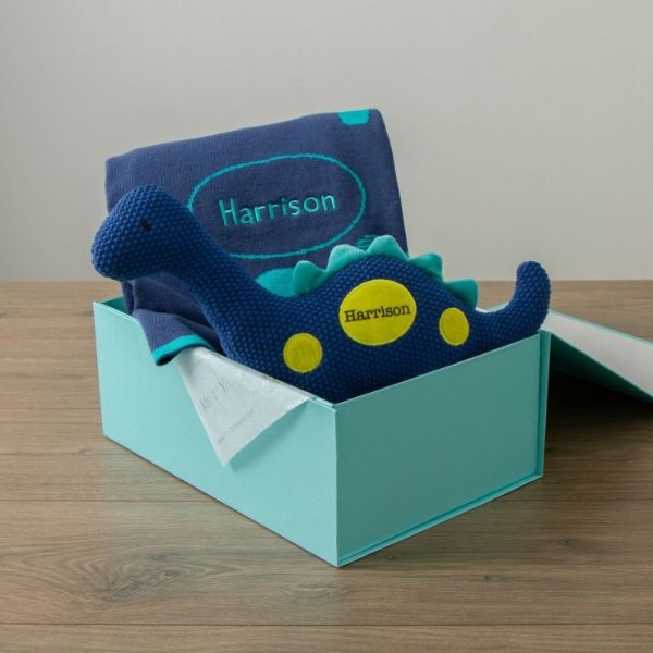 Personalized Blue Dinosaur Knitted Gift Set