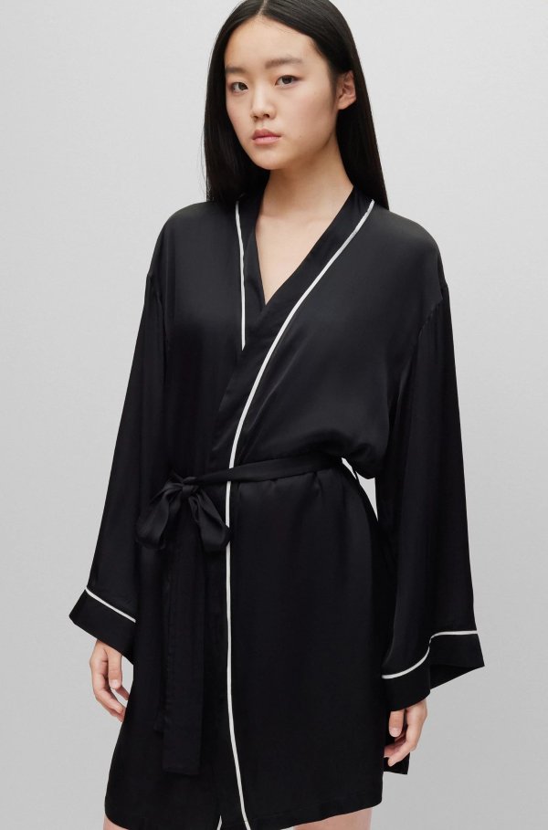 Contrast-piped dressing gown with handwritten logo