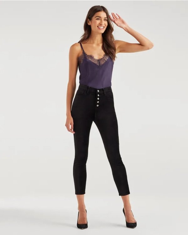 High Waist Velvet Ankle Skinny with Exposed Button Fly in Black