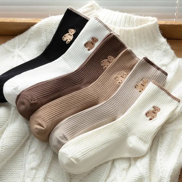 可爱小熊刺绣袜子 5双