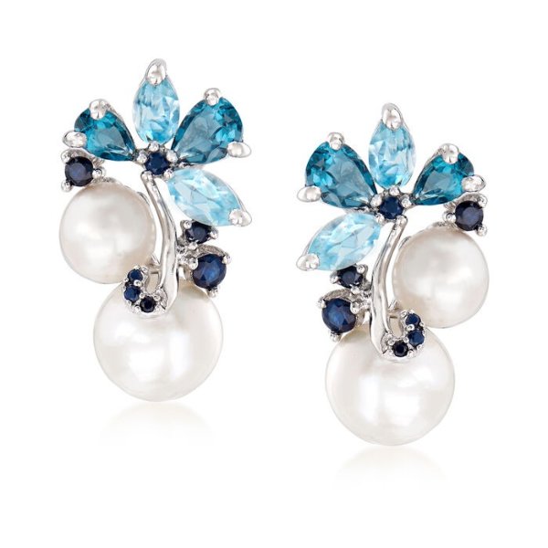 6-8.5mm Cultured Pearl and 2.00 ct. t.w. Sky Blue Topaz and London Blue Topaz Earrings with .10 ct. t.w. Sapphires in Sterling Silver | Ross-Simons