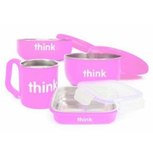 Thinkbaby 粉色双层不锈钢儿童餐具4件套