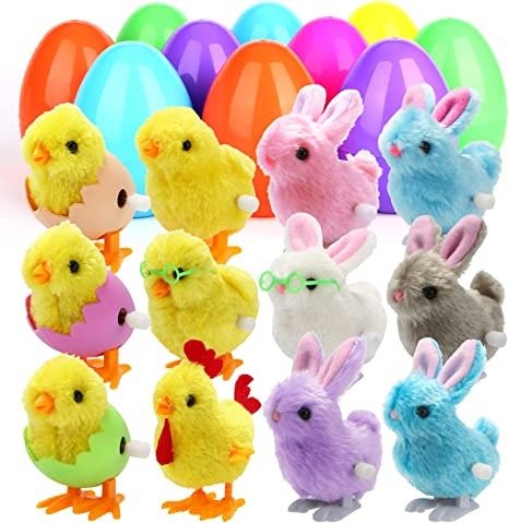 12 Pack Prefilled Easter Eggs with Wind-Up Toys, Plastic Easter Eggs Filled with Toys for Easter Basket Stuffers Fillers, Party Favor, Easter Eggs Hunt (Chicks & Bunnies)