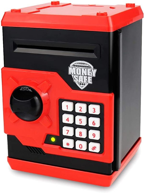SAOJAY Kids Money Bank, Electronic Password Piggy Bank Mini ATM Cash Coin Money Box for Kids Birthday Toy for Children (Black red)