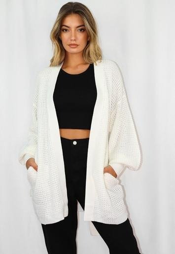- White Belted Balloon Sleeve Knitted Cardigan