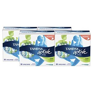 Tampax Pearl Active Super Plastic Tampons, Unscented, 36 Count, 4 Boxes, (Total 144 Count)