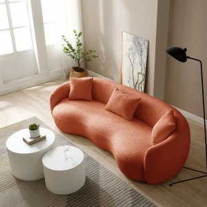 Upholstered Curved Corduroy/ Polar Fleece Minimalist Sofa with Pillows - Orange-3 Pillows