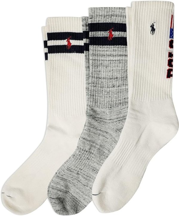 POLO RALPH LAUREN Men's Classic Sport Americana Crew Socks-3 Pair Pack-Arch Support and Cushioned Cotton Comfort
