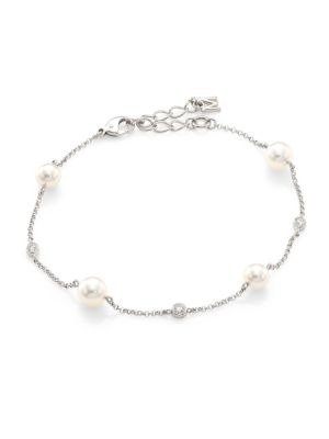 - 5.5MM White Cultured Akoya Pearl & Diamond 18K White Gold Station Bracelet