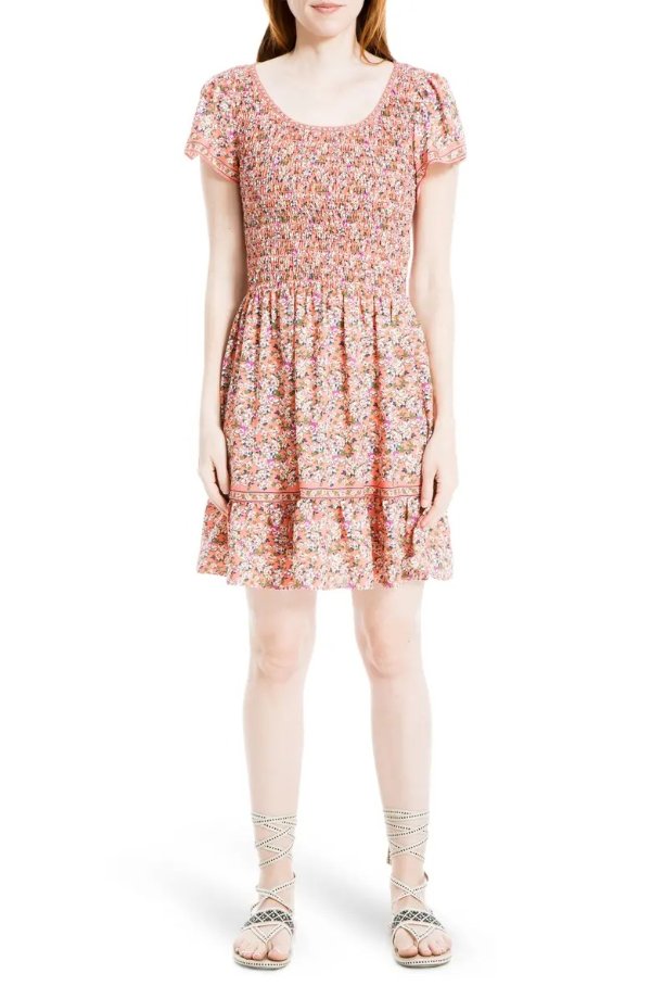 Smocked Floral Print Mini Dress