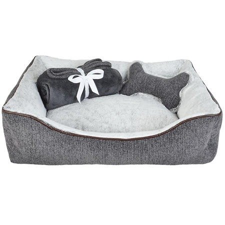 25" x 19" Pet Bed with Plush Bone Toy and Throw Blanket Gift Set (Choose Linen or Chenille) - Sam's Club