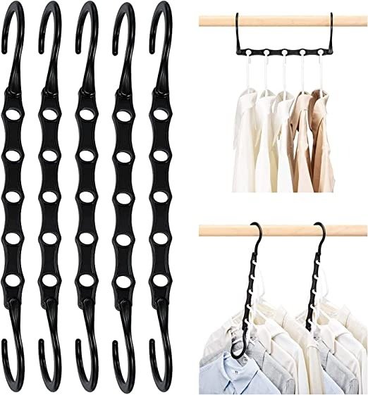 Closet Organizers and Storage, Magic Hangers Space Saving Clothes Hangers, Smart Space Saver Sturdy Plastic Hangers with 5 Holes for Heavy Clothes, College Dorm Room Essentials 8 Pack Black