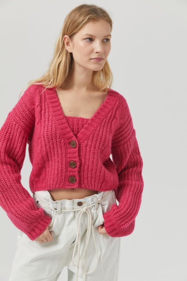 UO Lolli Cable Knit Cropped Cardigan