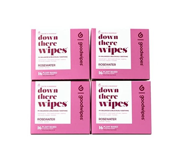 Goodwipes Flushable Down There Feminine Hygiene Wipes, Rosewater Scent, PH Balanced and Hypoallergenic, Perfect for Travel, Flushable, 16 Individually Wrapped Wipes (Pack of 4)