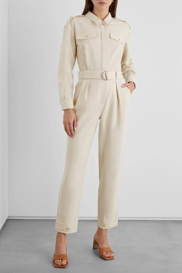 Erin belted pleated drill jumpsuit