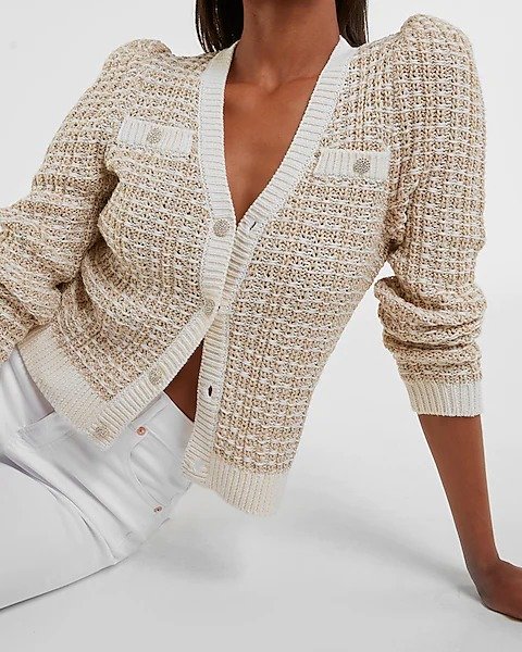 Textured Stitch Jewel Button Sweater Jacket