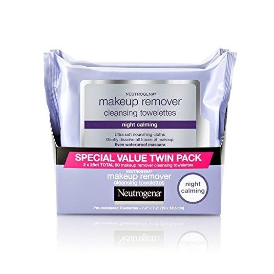 Makeup Remover Night Calming Cleansing Towelettes, Disposable Nighttime Face Wipes to Remove Dirt, Oil & Makeup, 25 ct, Twin Pack