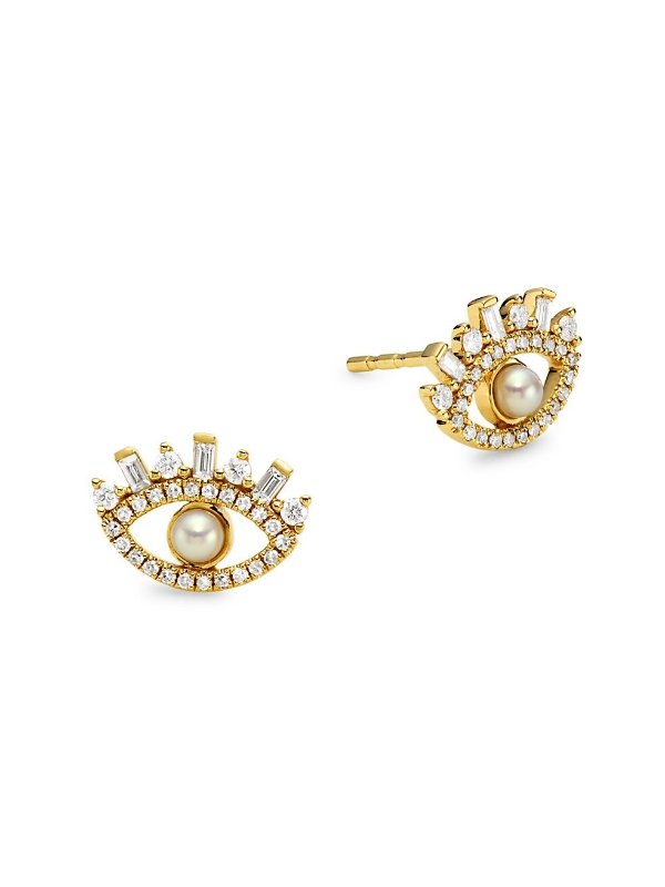 14K Yellow Gold, Cultured Freshwater Pearl & 0.31 TCW Diamond Evil Eye Stud Earrings