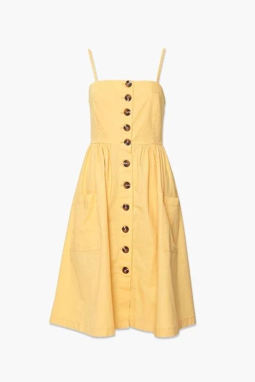 纽扣嫩黄色连衣裙