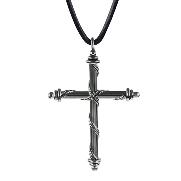 Explorer Cross Necklace in ruthenium silver and leather