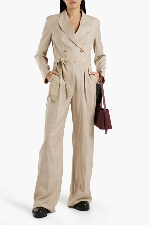 Diana double-breasted belted pinstriped wool-twill jumpsuit