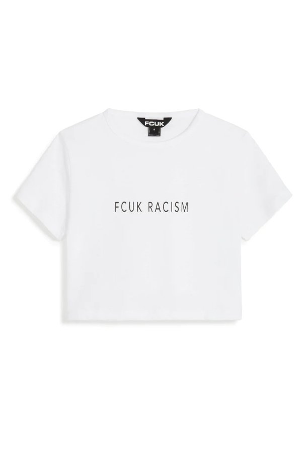 FCUK RACISM SHORT SLEEVE CROP TOP WHITE/BLACK | French Connection USFCUK Racism Crop Top