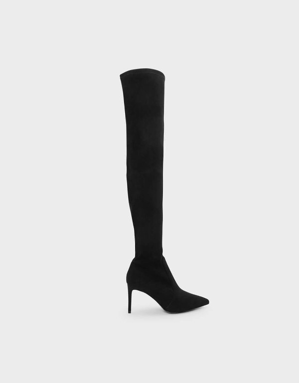 Black Pointed Thigh Boots | CHARLES & KEITH