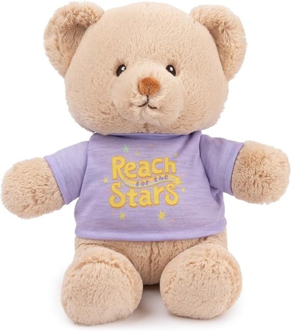 “Reach for The Stars” Sustainable Message Bear with Purple T-Shirt, Teddy Bear Made from 100% Recycled Materials for Ages 1 and Up, Tan, 12”