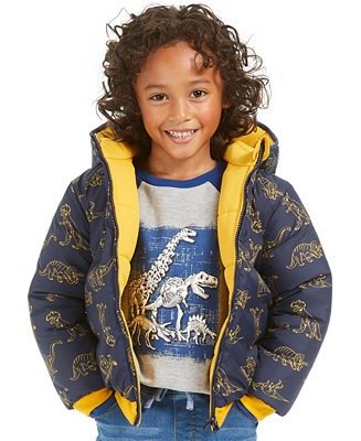 Little Boys Dino Reversible Water-Resistant Hooded Puffer Jacket, Created For Macy's