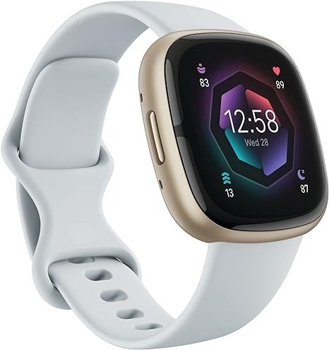 Sense 2 Advanced Health and Fitness Smartwatch with Tools to Manage Stress and Sleep, ECG App, SpO2, 24/7 Heart Rate and GPS, Blue Mist/Pale Gold, One Size (S & L Bands Included)