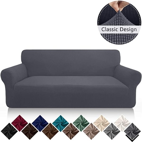 FAHUA High Stretch Couch Cover for 3 Cushion Couch 1 Piece Soft Sofa Cover Non Slip Washable Sofa Slipcover Furniture Protector with Elastic Bottom (Large, Gray)
