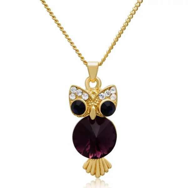 Sapphire and Amethyst Crystal Owl Necklace, 16 Inches, Gold Overlay