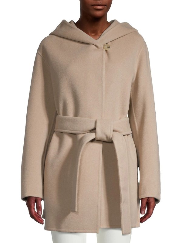 Wool-Blend Tie-Front Hooded Coat