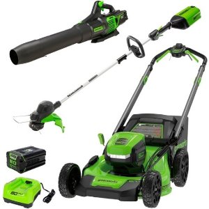 Greenworks- 80V 21” Lawn Mower, 13” String Trimmer, and 730 Leaf Blower Combo with 4 Ah Battery & Charger) 3-piece combo - Green
