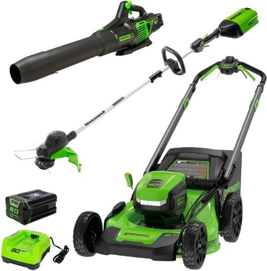 - 80V 21” Lawn Mower, 13” String Trimmer, and 730 Leaf Blower Combo with 4 Ah Battery & Charger) 3-piece combo - Green