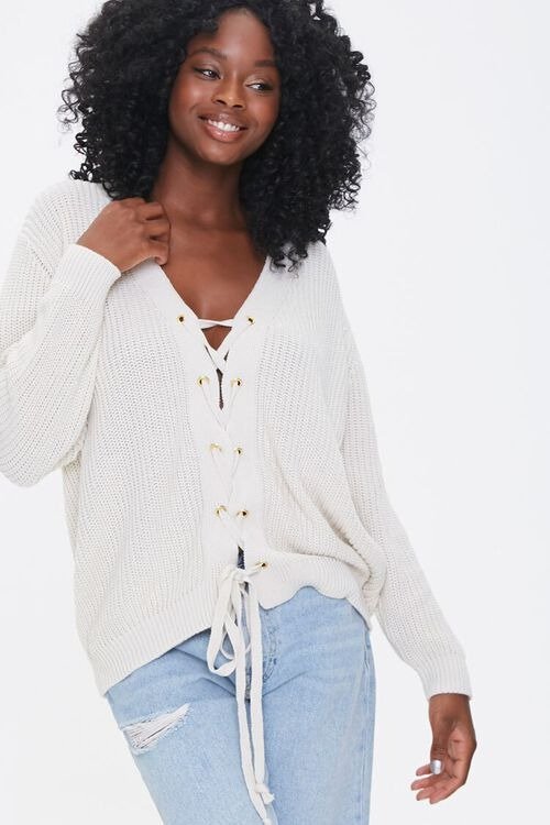 Ribbed Lace-Up Sweater