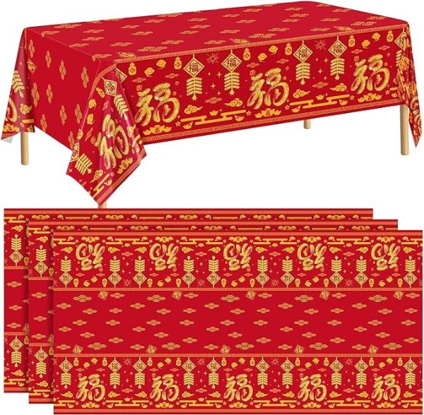 3 Pieces 2024 Chinese New Year Plastic Tablecloth Chinese Spring Festival Waterproof Tablecover Chinese Dragon New Year's Table Decor Chinese New Year Table Decor Party Supplies, 54 x 108 Inch