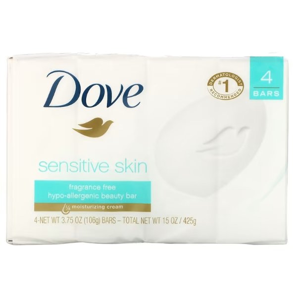 , Beauty Bar Soap, Sensitive Skin, Fragrance Free, 4 Bars, 3.75 oz (106 g) Each