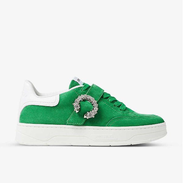 Osaka crystal-buckle low-top suede and leather trainers