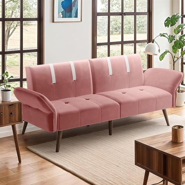 Futon Sofa Bed Modern Folding Sleeper Couch Bed for Living Room,Velvet Loveseat Sofa Couch Sofa cama for Apartments Office Small Spaces,w/Adjustable Armrests Backrest,Pink