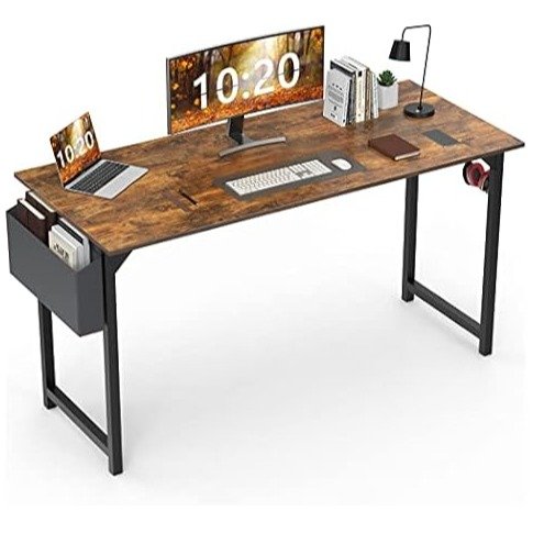 Sweetcrispy Computer Desk Home Office Desk 55 Inch Writing Desks Small Space Desk Study Table Modern Simple Style Work Table with Storage Bag Headphone Hook Wooden Tabletop Metal Frame for Home, Bedroom