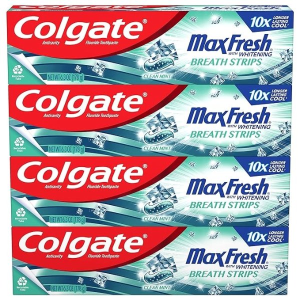 Max Fresh Toothpaste, Whitening Toothpaste with Mini Breath Strips, Clean Mint Toothpaste for Bad Breath, Helps Fight Cavities, Whitens Teeth, and Freshens Breath, 4 Pack, 6.3 Oz Tubes