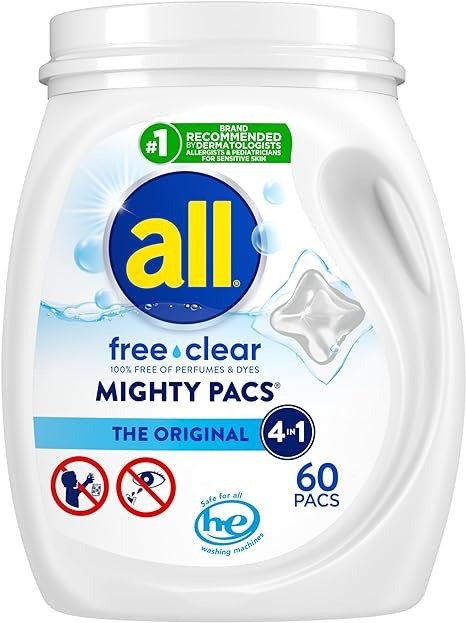 Mighty Pacs Laundry Detergent, Free Clear for Sensitive Skin, Tub, 60 Count