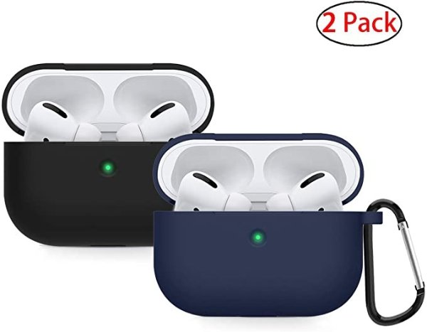 Compatible AirPods Pro Case Cover Silicone Protective Skin for Apple Airpod Pro Case 2019 (Front LED Visible) 2 Pack Black/Navy Blue