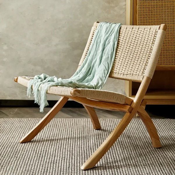 Rustic Foldable Recliner Chair Ash Wood Woven Hemp Rope Back & Seat in Natural-Homary