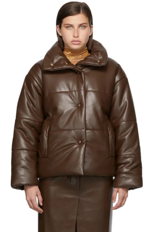 Brown Vegan Leather Hide Puffer Jacket