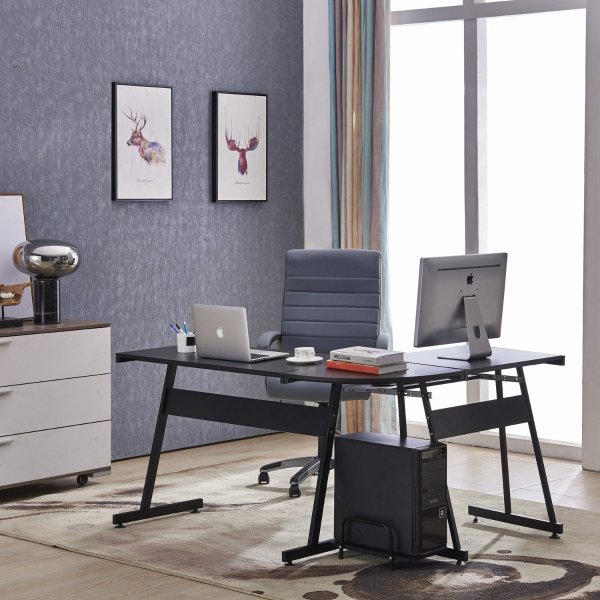 : Office Desk Corner L Shaped Workstation Laptop Table with Keyboard Tray and CPU Stand